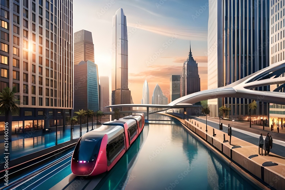 Train in a Futuristic city with beautiful view