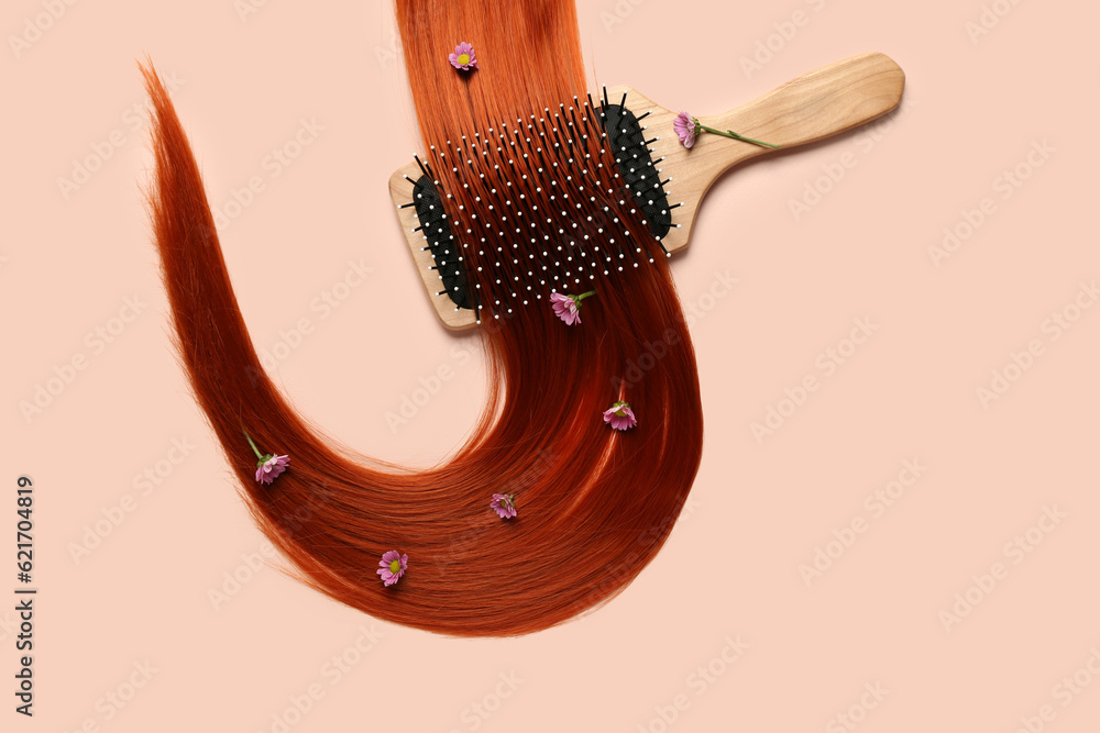 Composition with ginger hair strand, flowers and brush on color background