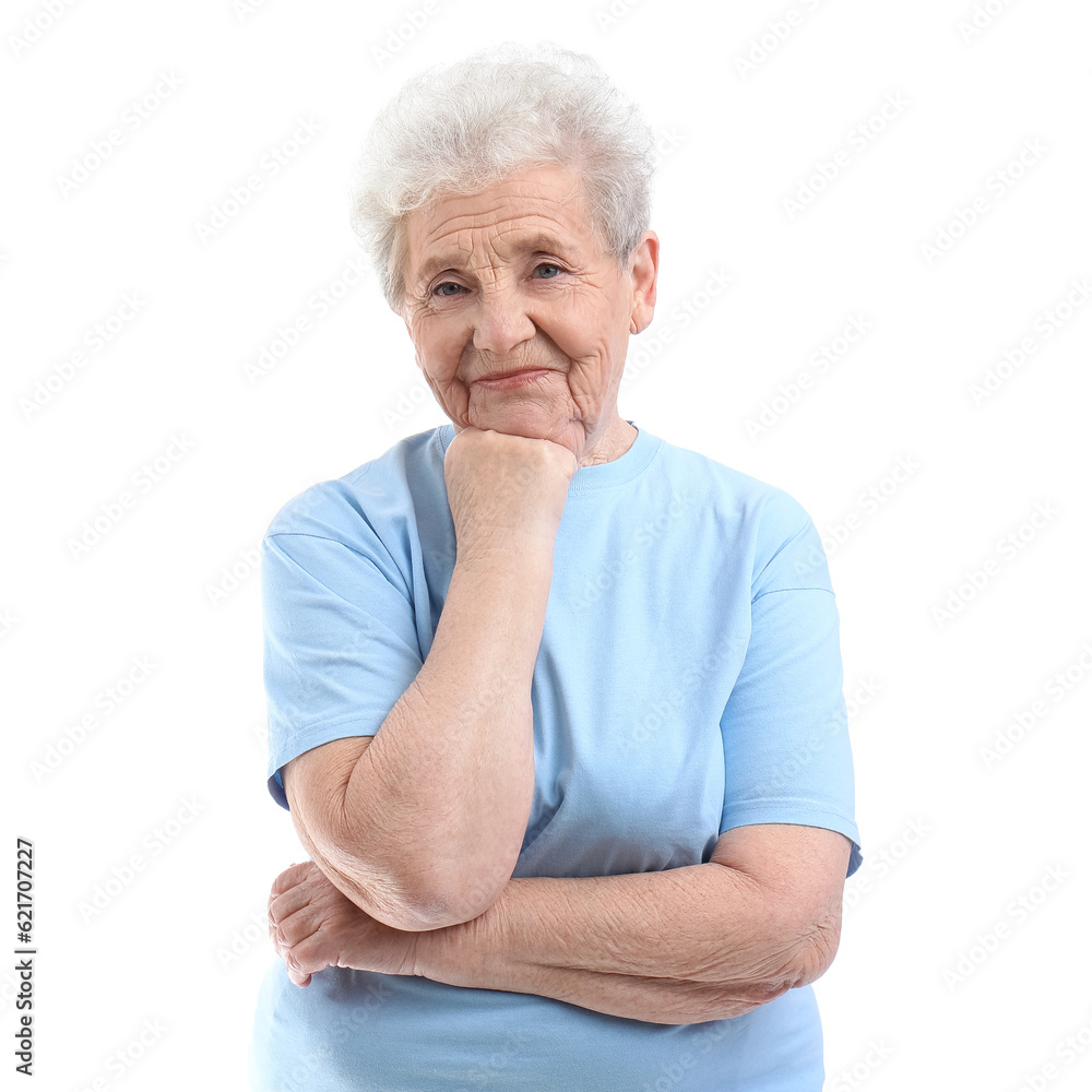 Thoughtful senior woman on white background