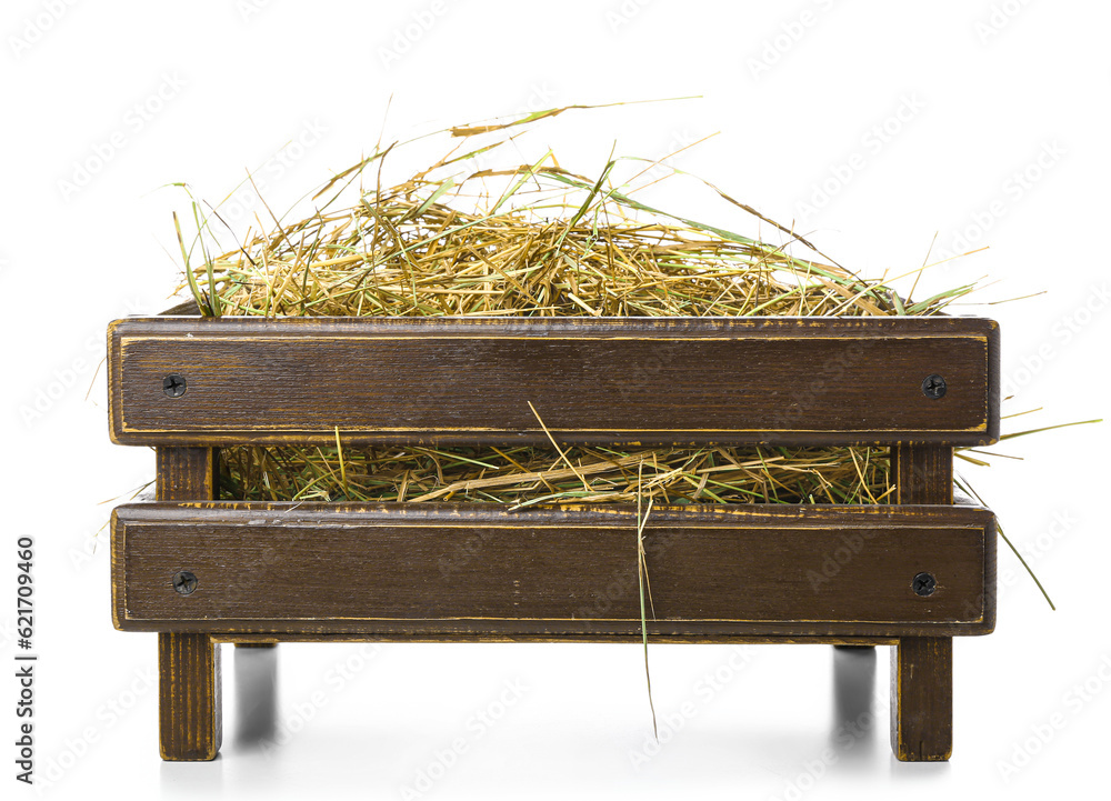 Straw in crate on white background