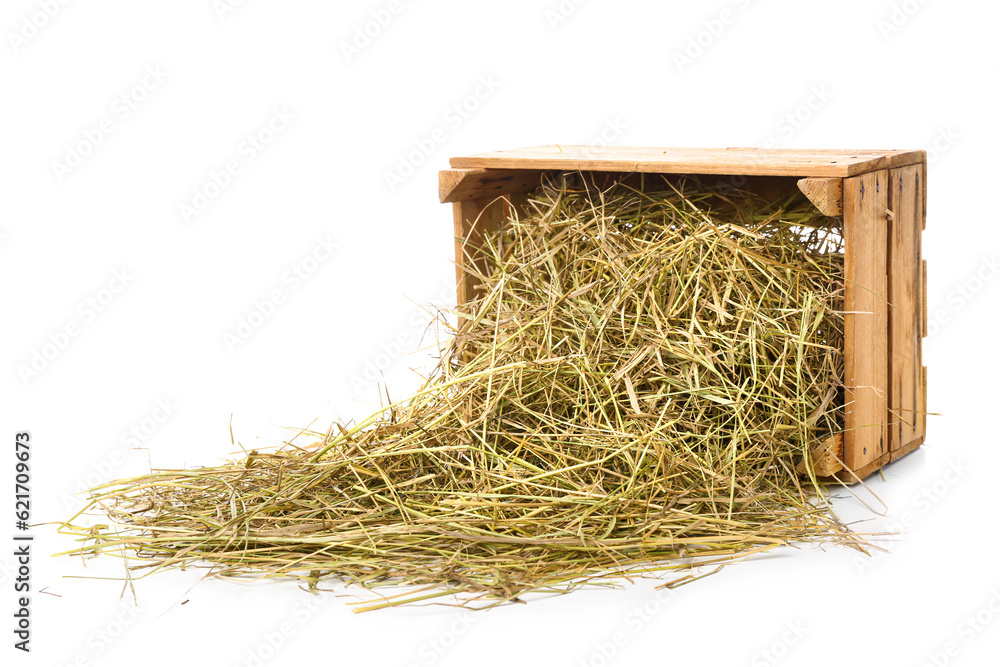 Overturned crate with straw on white background