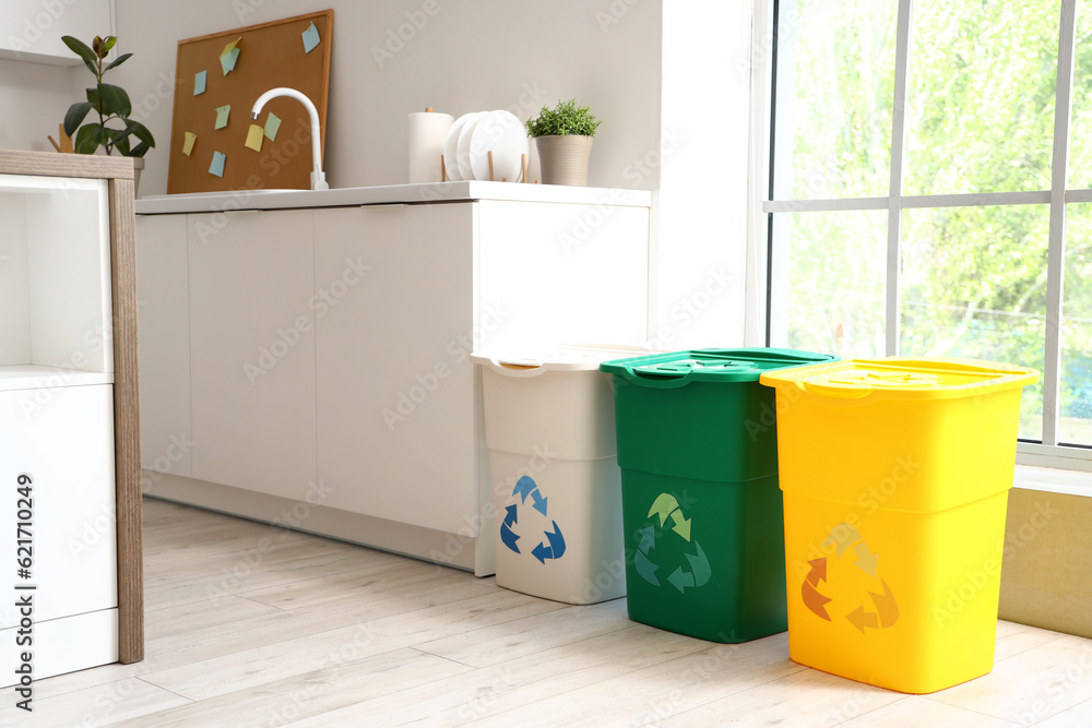 Recycle trash bins in kitchen