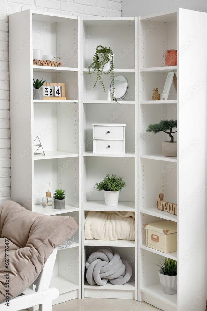 Shelving unit with mirror, houseplants and decor in living room