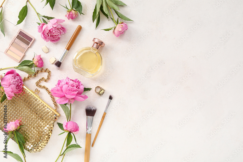 Composition with female accessories, cosmetics and beautiful peony flowers on light background