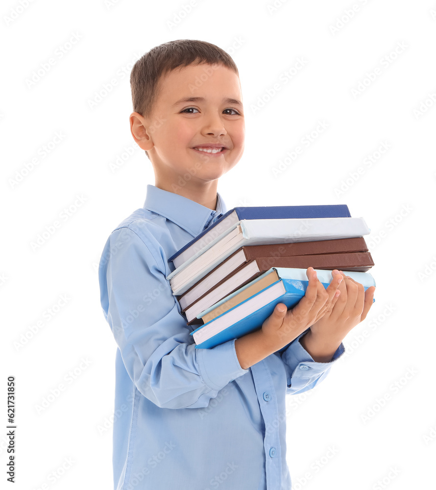 Little schoolboy with books on  white background