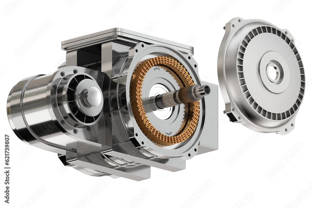 Isometric exploded view of Single Electric Vehicle Motor on white background. Generic design. 3D ren