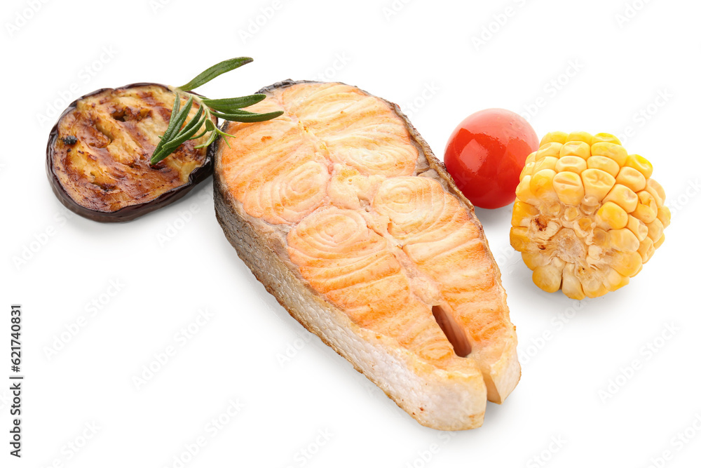 Tasty grilled salmon steak and vegetables on white background