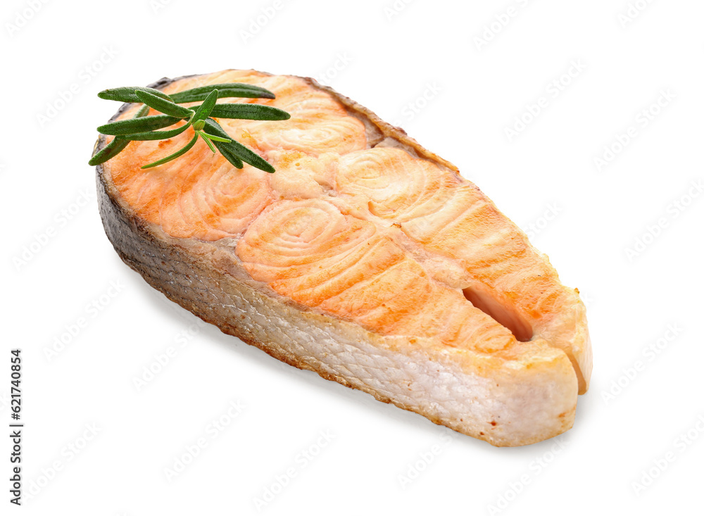 Tasty grilled salmon steak on white background