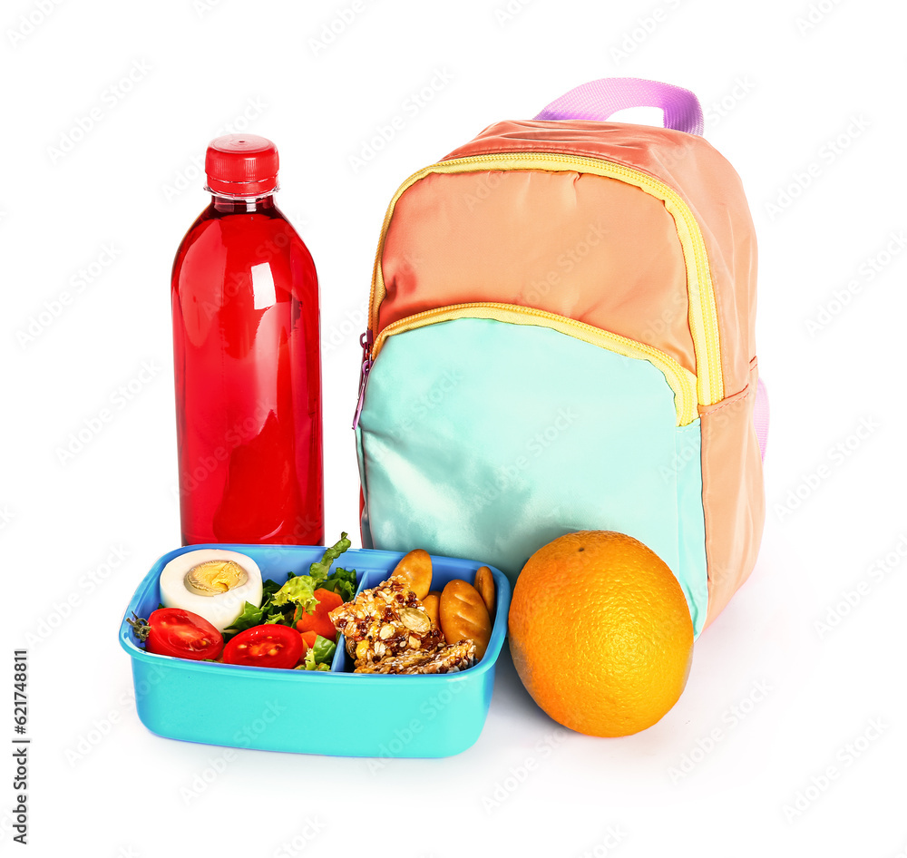 Backpack, drink and lunchbox with tasty food isolated on white background