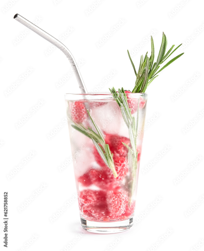 Glass of fresh raspberry lemonade with rosemary on white background