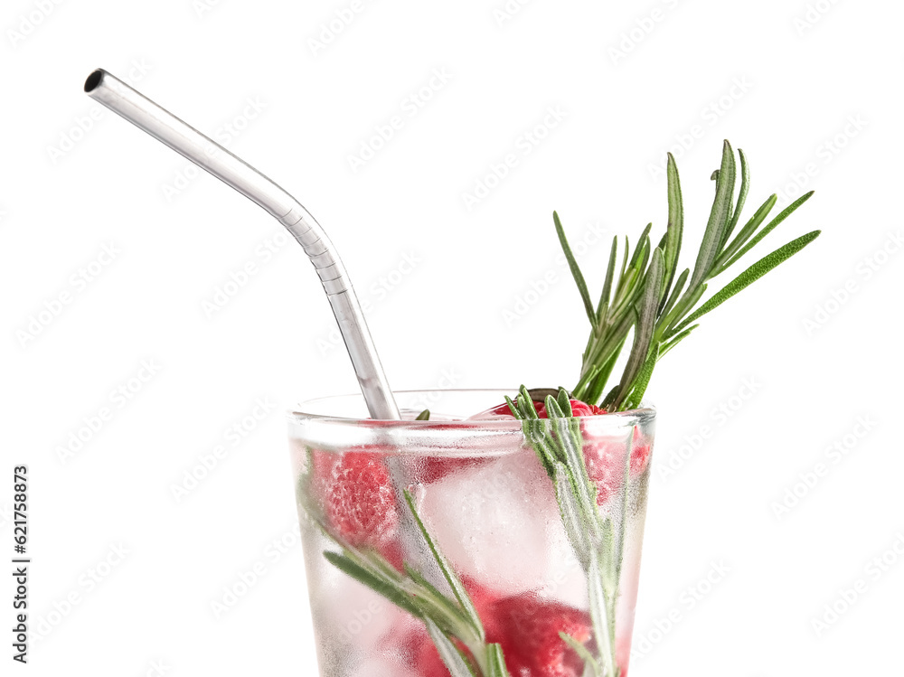 Glass of fresh raspberry lemonade with rosemary on white background