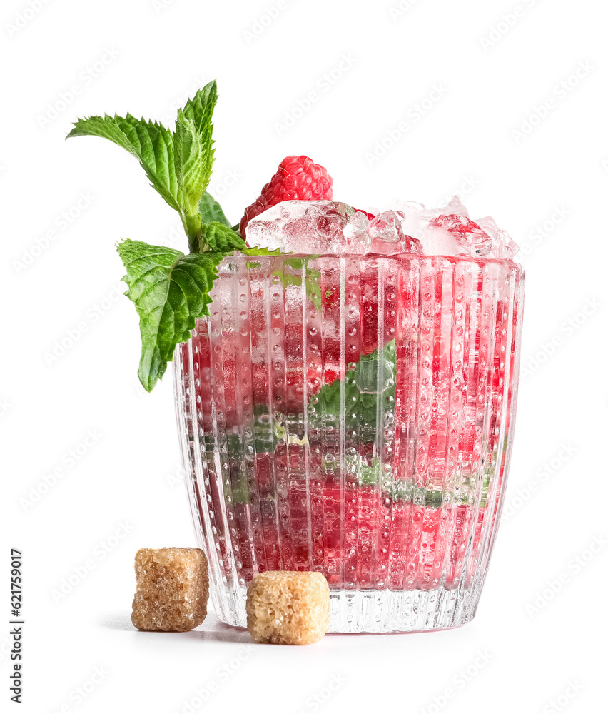 Glass of fresh raspberry lemonade with mint on white background