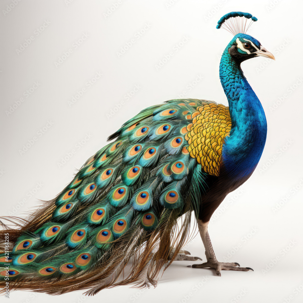 A majestic Peacock (Pavo cristatus) showing off its vibrant tail.