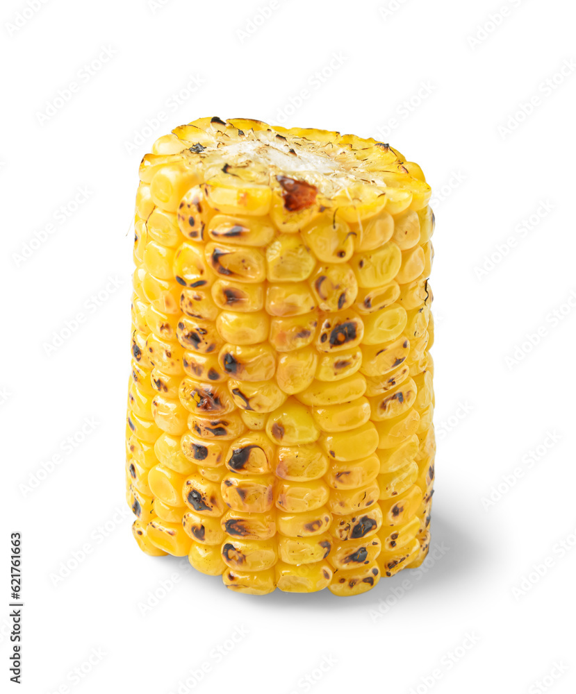 Cut tasty grilled corn cob on white background