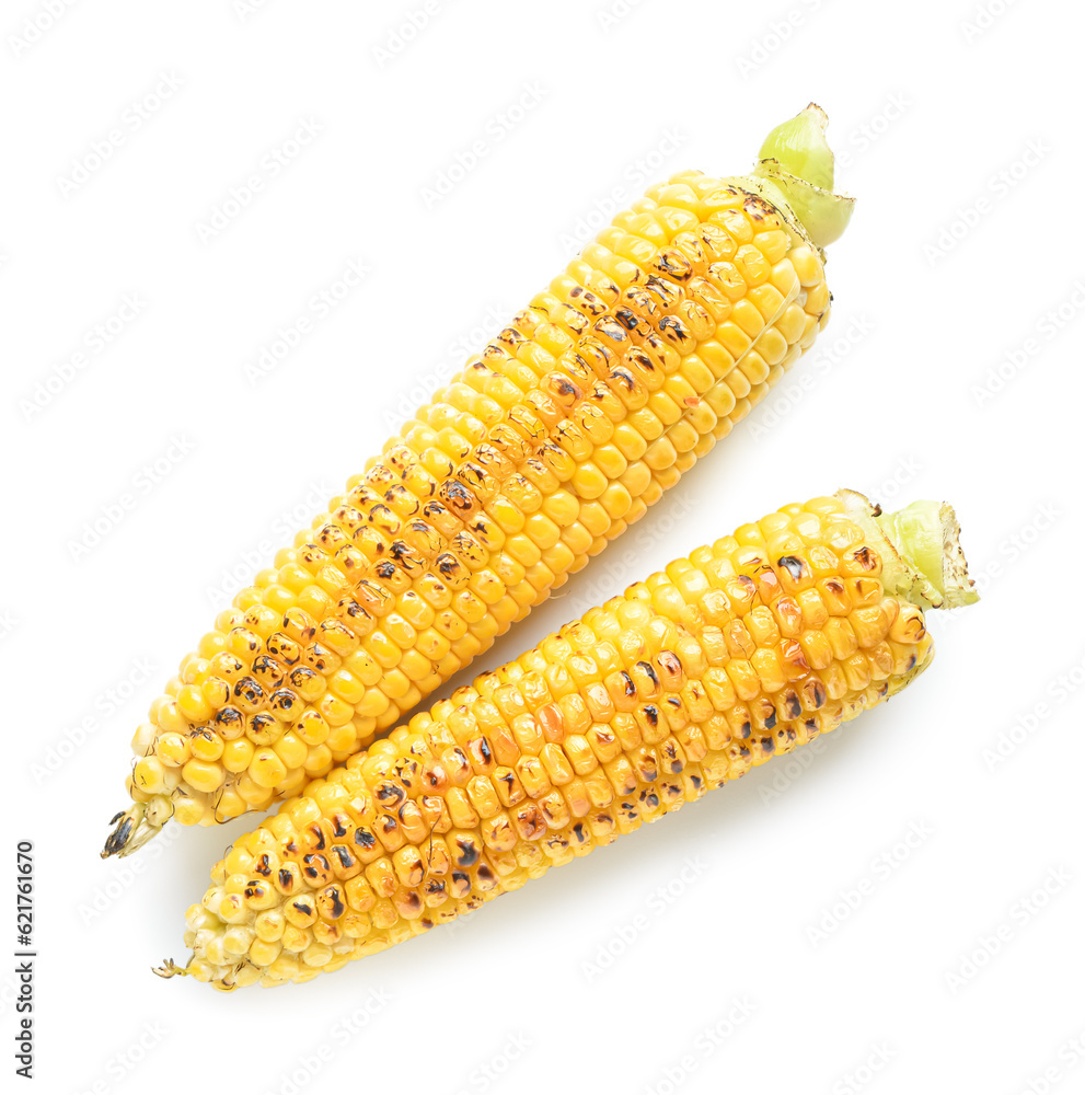 Tasty grilled corn cobs on white background