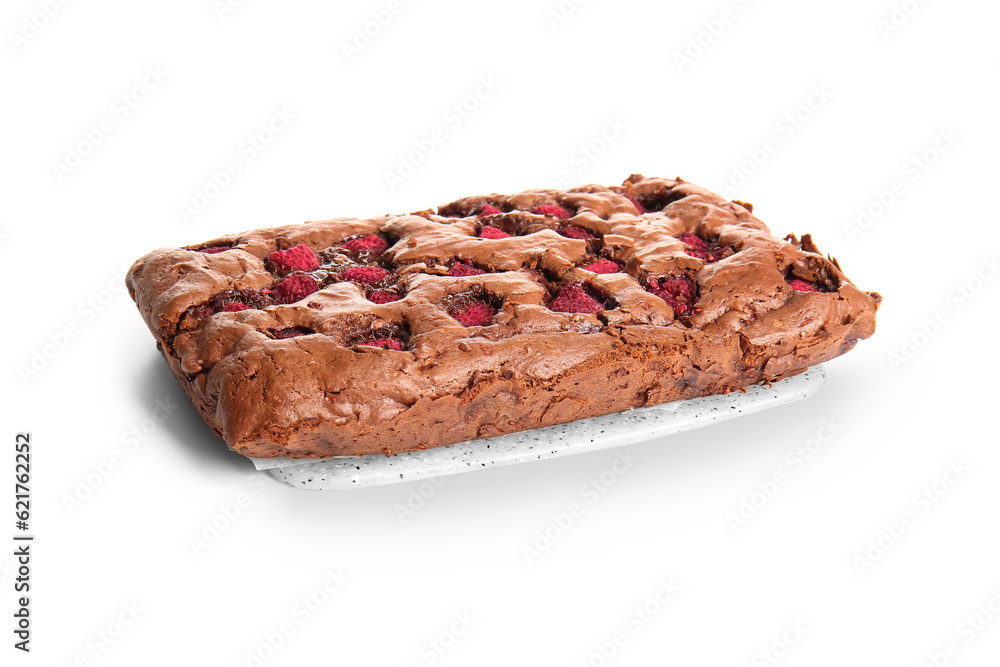 Raspberry chocolate brownie on white background