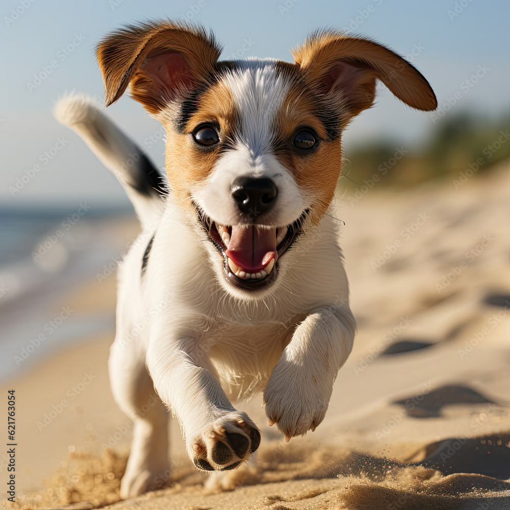 A playful Jack Russell puppy (Canis lupus familiaris) running energetically.