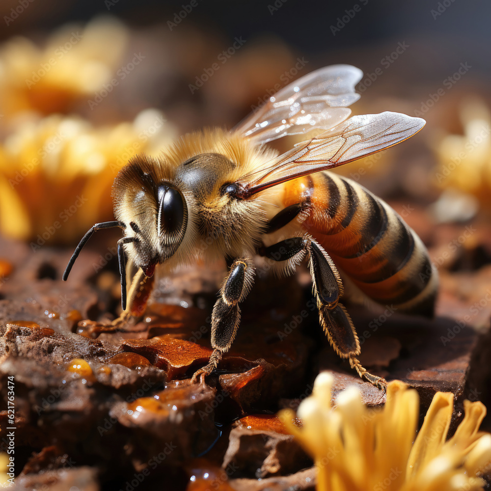 A macro shot of a busy honey bee (Apis mellifera) collecting nectar from a flower.