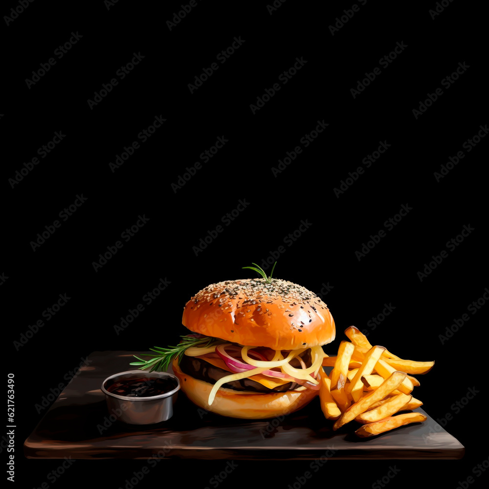 Hamburger with french fries and sauce on a black background with copy space.