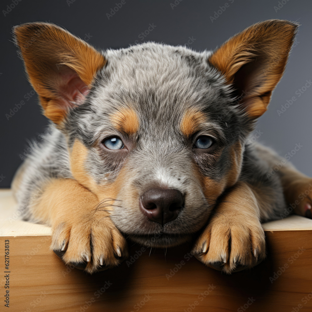 A Blue Heeler puppy (Canis lupus familiaris) curled up in a cozy sleeping position.