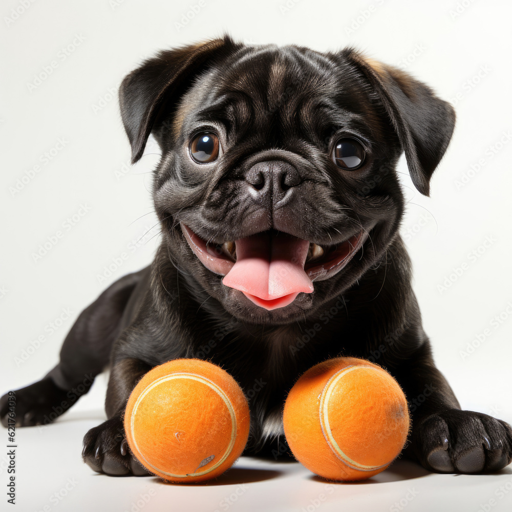 A cheerful Pug puppy (Canis lupus familiaris) happily playing with a toy.