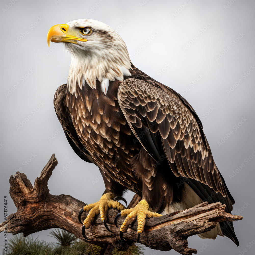 A majestic bald eagle perched on a tree branch, displaying its intense gaze.