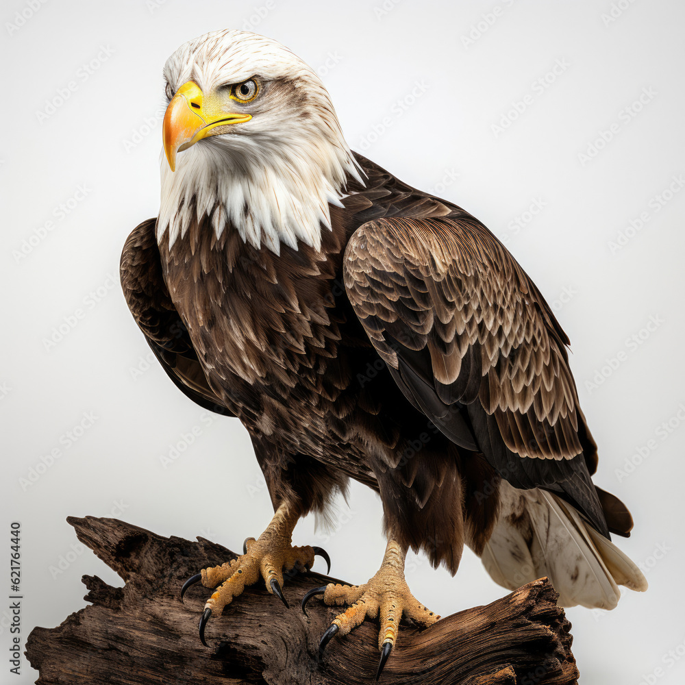 A majestic bald eagle perched on a tree branch, displaying its intense gaze.