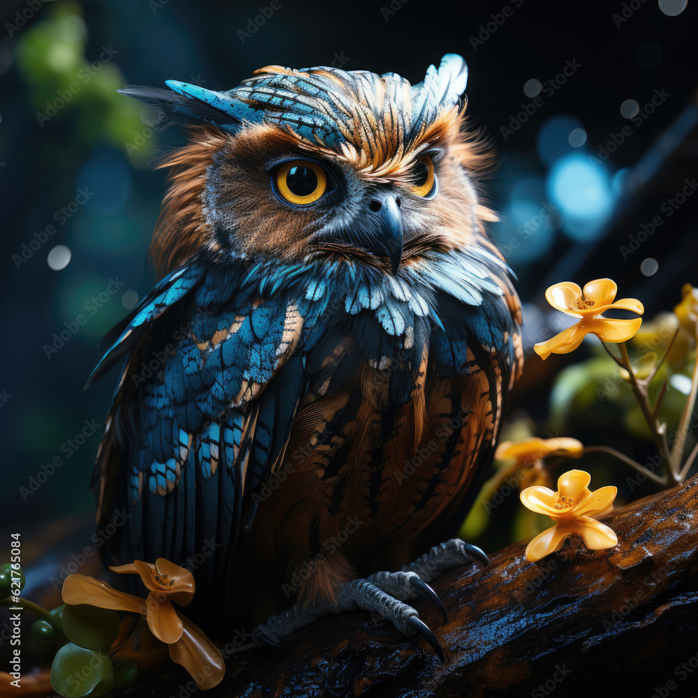 A majestic owl (Strigidae) perched on a tree branch, blending into the rainforest twilight.