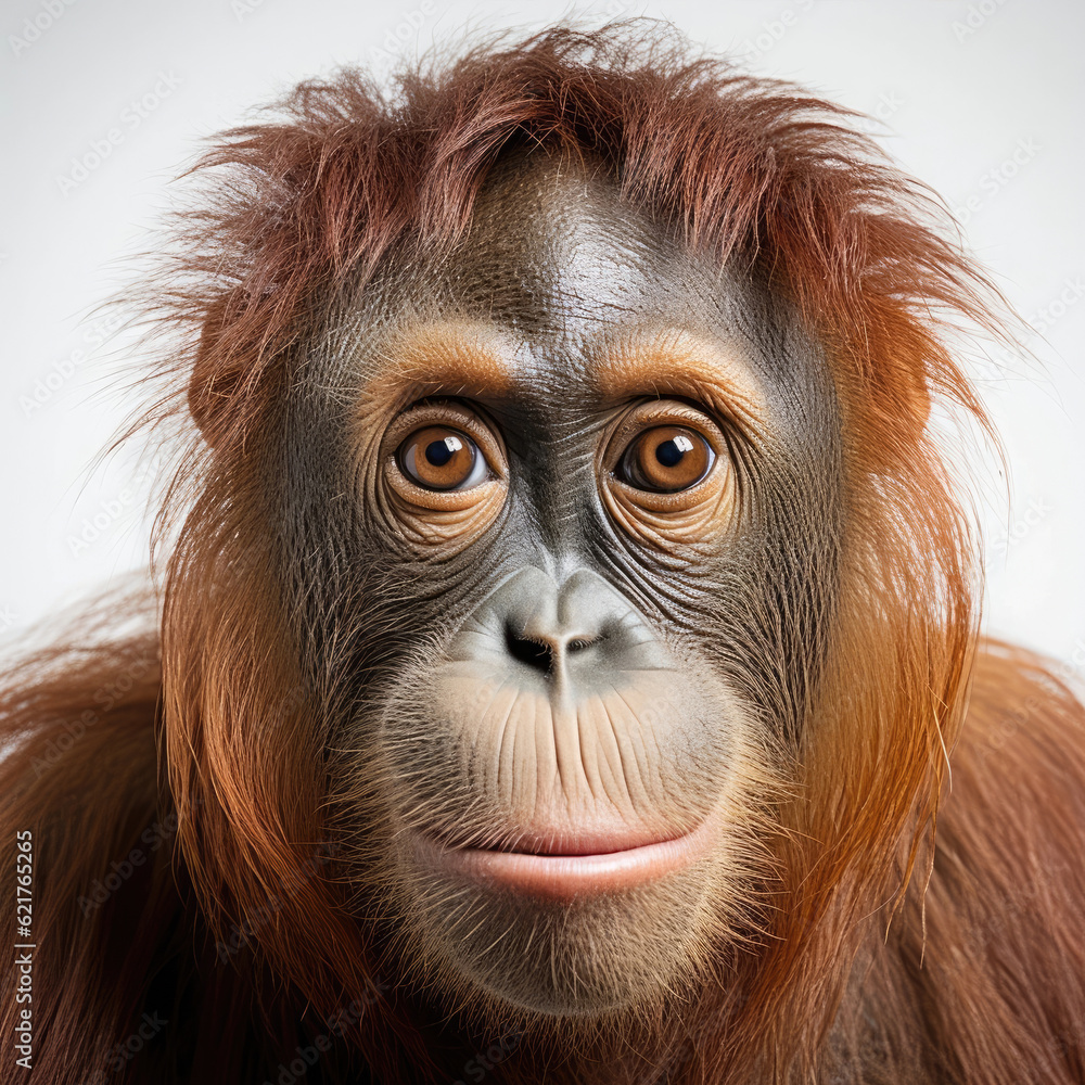 A curious closeup shot of an orangutan (Pongo pygmaeus) with its expressive eyes.