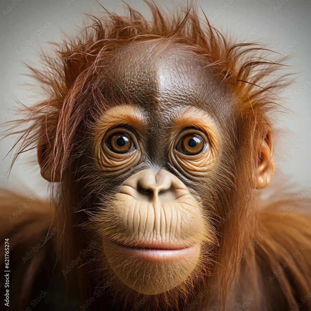 A curious closeup shot of an orangutan (Pongo pygmaeus) with its expressive eyes.