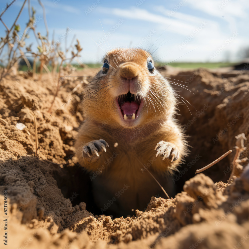 A playful prairie dog (Cynomys) popping out of its burrow in the grassland. Taken with a professiona