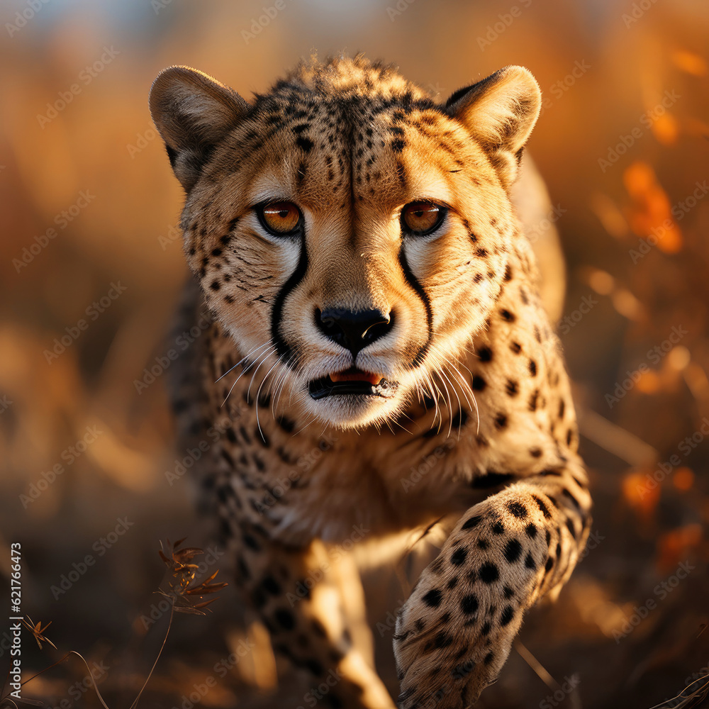 A graceful cheetah (Acinonyx jubatus) sprinting across the open grassland with incredible speed. Tak