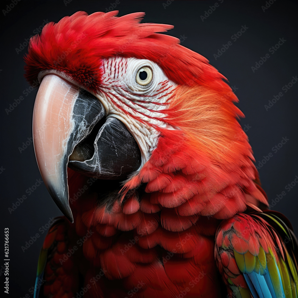 A vibrant closeup shot of a Scarlet Macaw (Ara macao) showcasing its high detail feathers and stunni