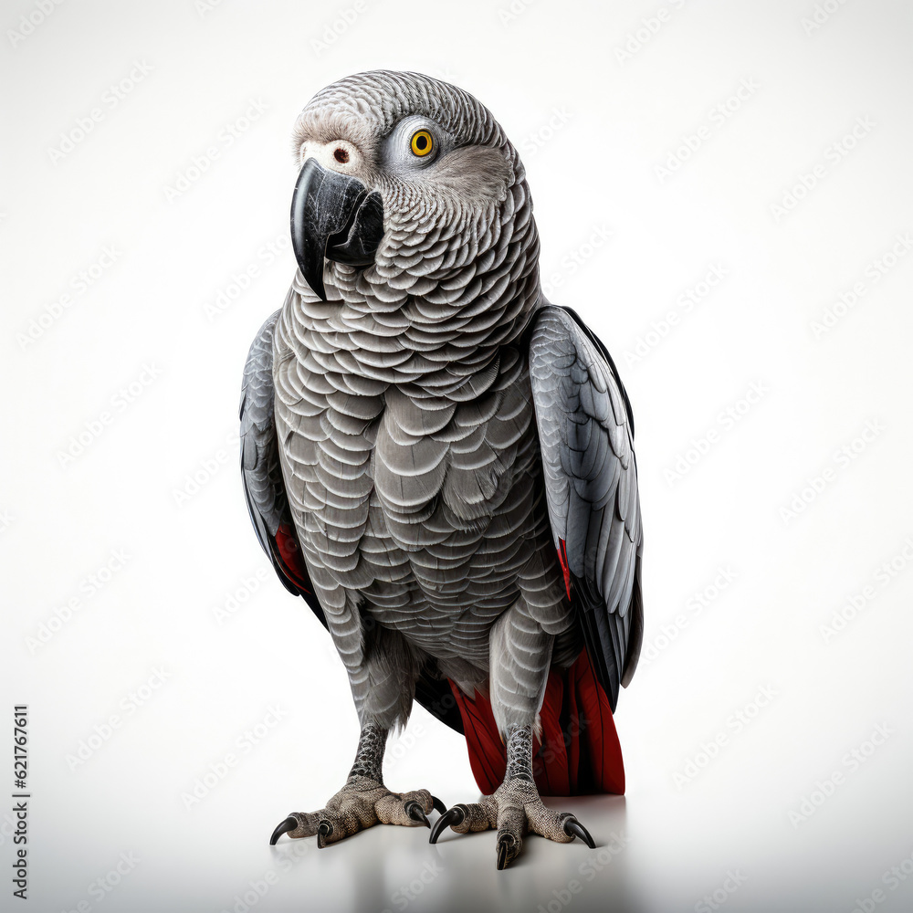 An exotic African Grey Parrot (Psittacus erithacus) perched majestically.