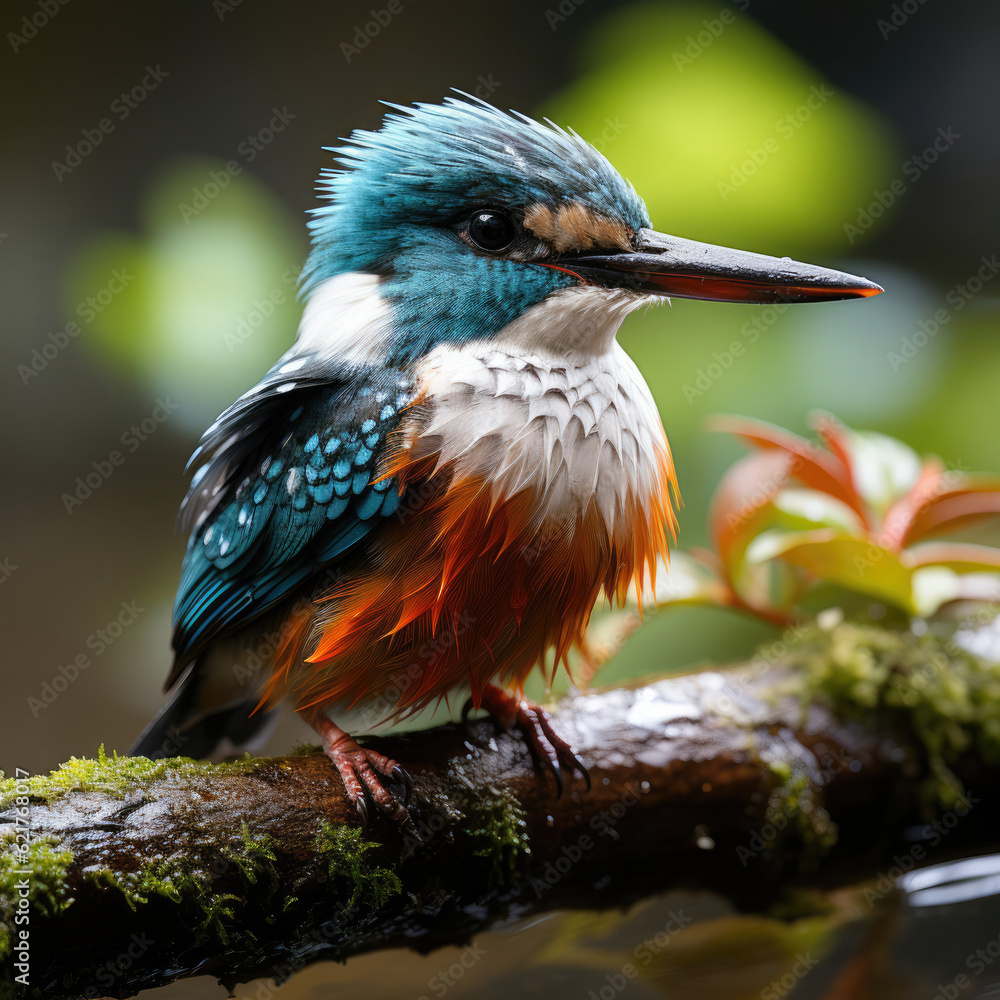 A colorful kingfisher (Alcedinidae) resting near a flowing stream in the rainforest.