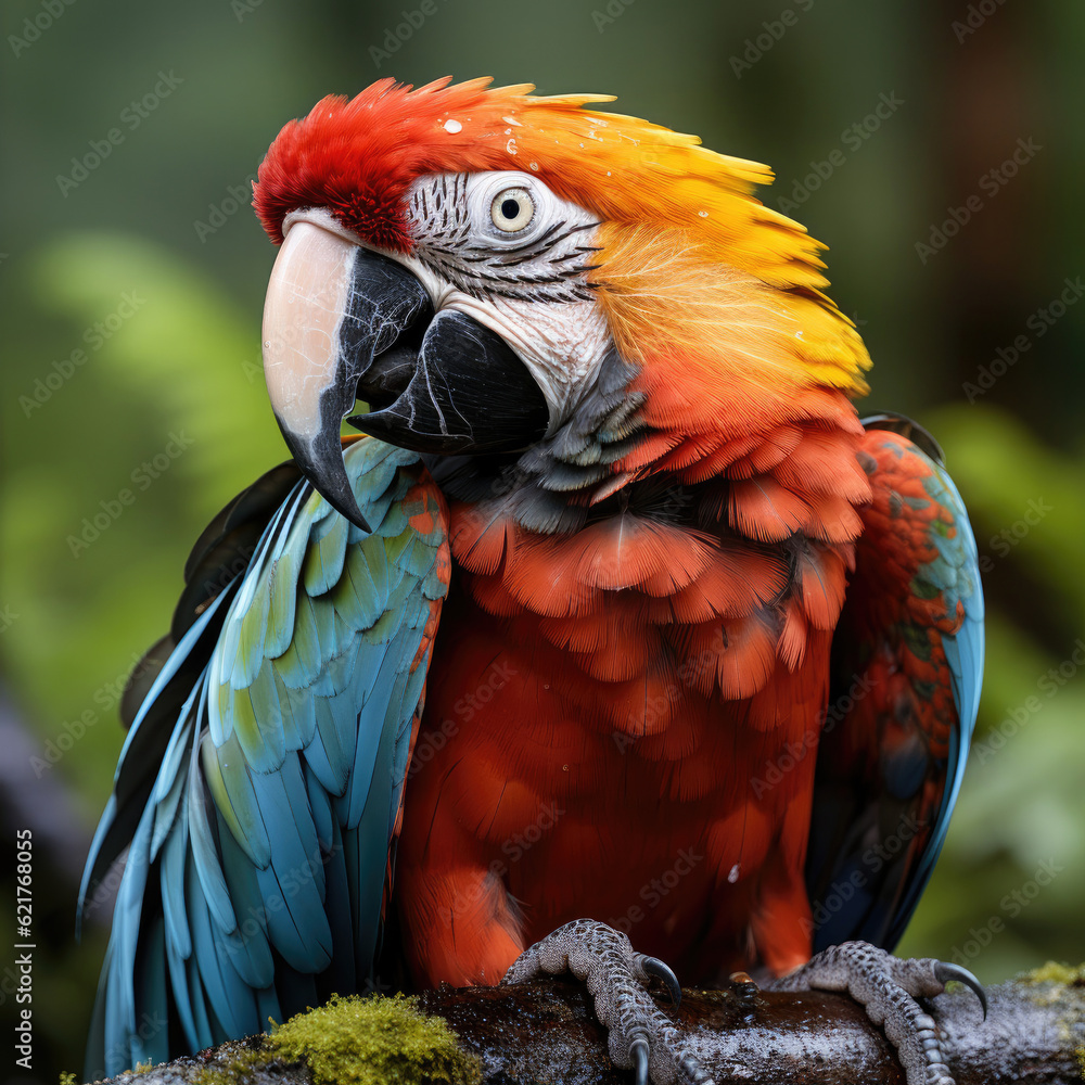 A vibrant macaw (Ara macao) perched on a branch in its lush rainforest habitat.