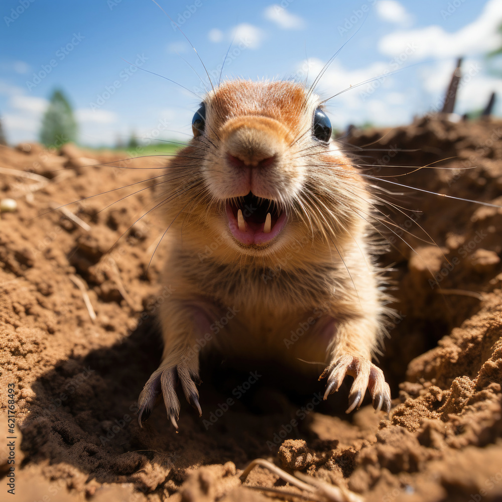 A playful prairie dog (Cynomys) popping out of its burrow in the grassland. Taken with a professiona