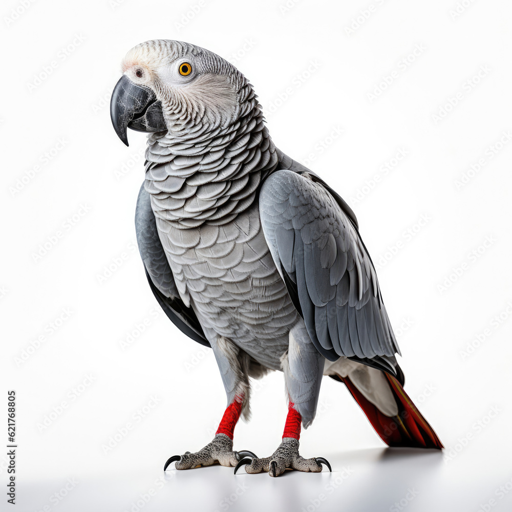 An exotic African Grey Parrot (Psittacus erithacus) perched majestically.