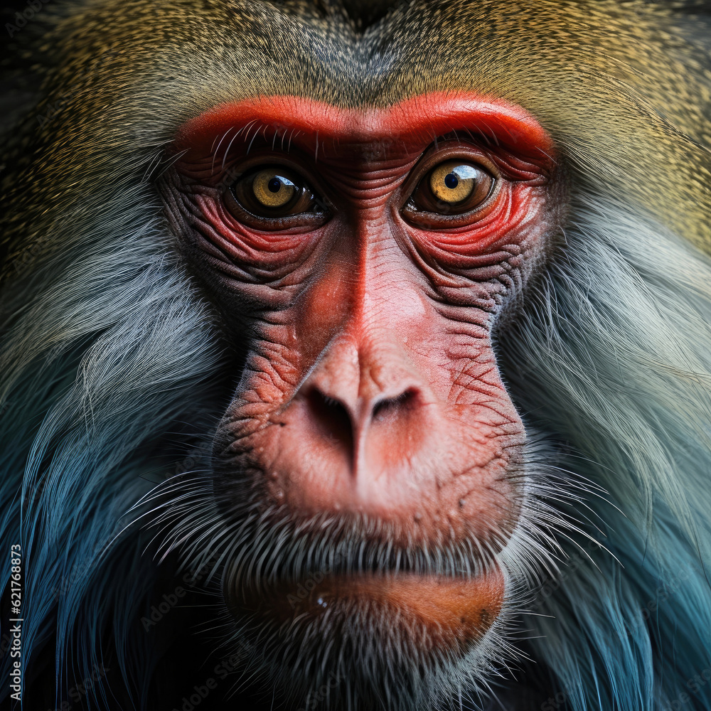 A powerful closeup shot of a mandrill (Mandrillus sphinx) displaying its vibrant colors and striking