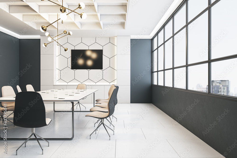 Side view of modern meeting room with tile floor and window with city view on background. 3D Renderi