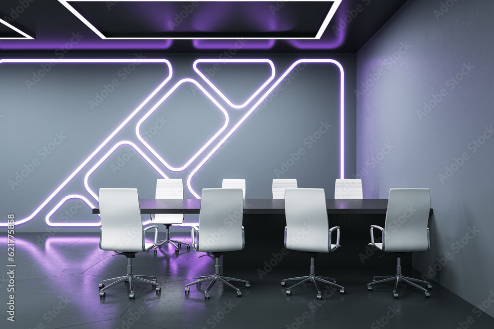 Front view of dark modern futuristic conference room with neon backlit. 3D Rendering