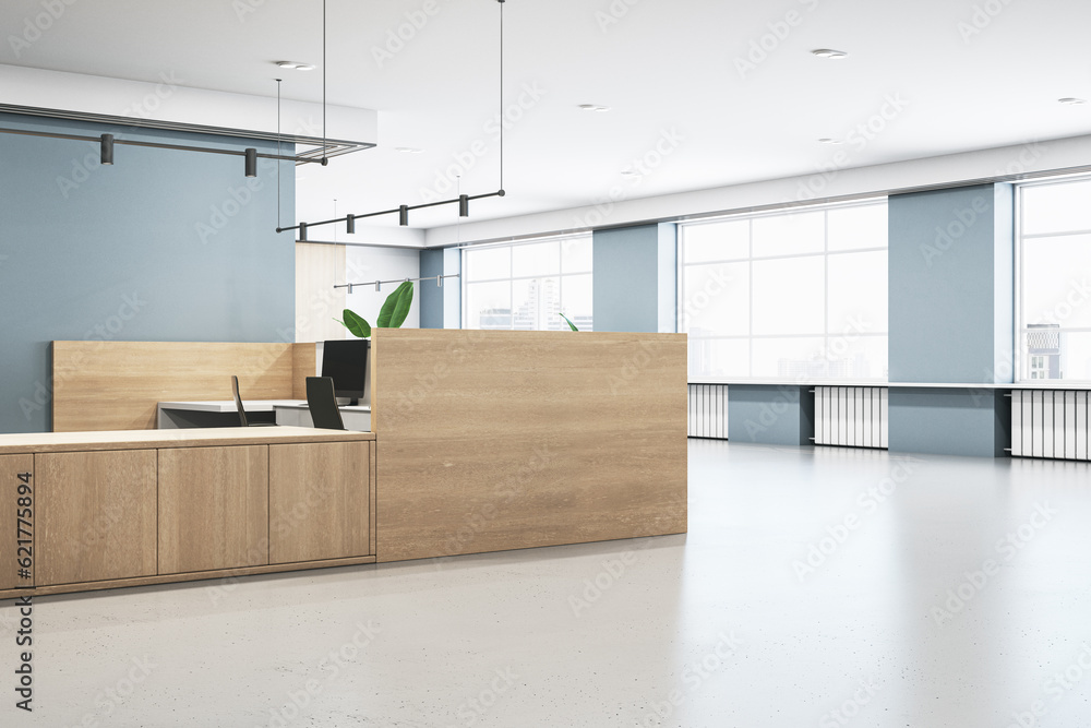 New concrete and wooden office lobby interior with various items. 3D Rendering.