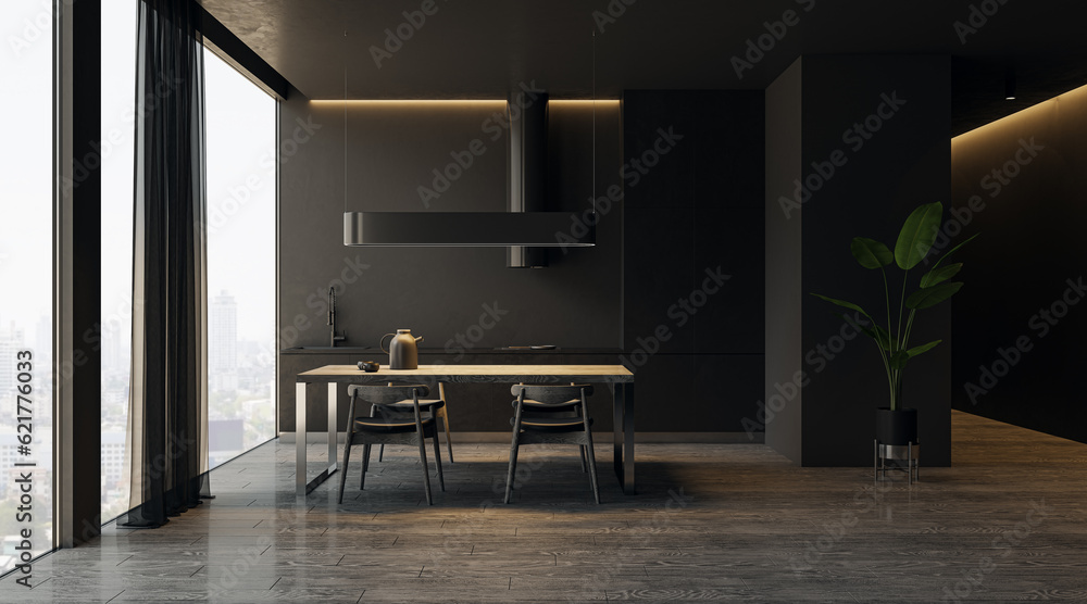 Modern black kitchen interior with panoramic windows, curtains and furniture. 3D Rendering.