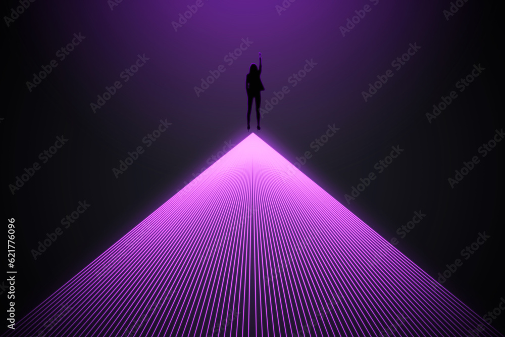 Conceptual image of businesswoman silhouette on bright purple lines background. Success, metaverse a