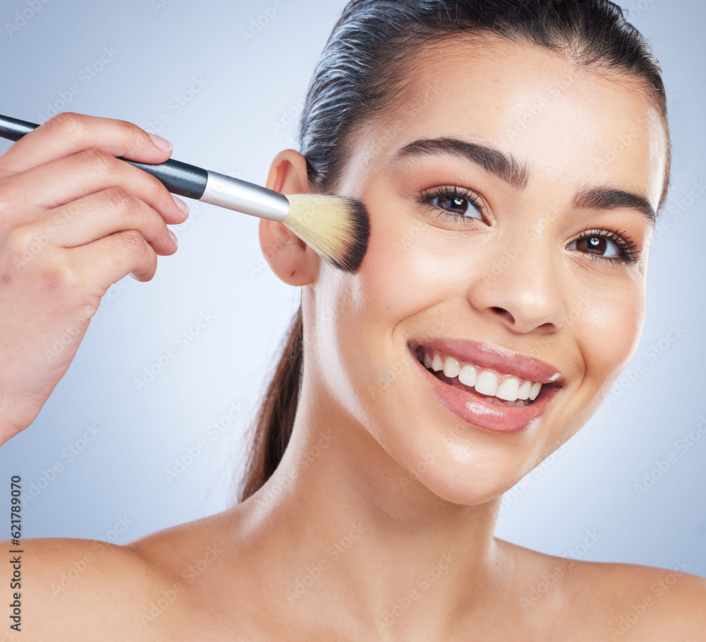 Beauty, cosmetic and portrait of woman with a makeup brush in studio for glamour facial routine. Sel