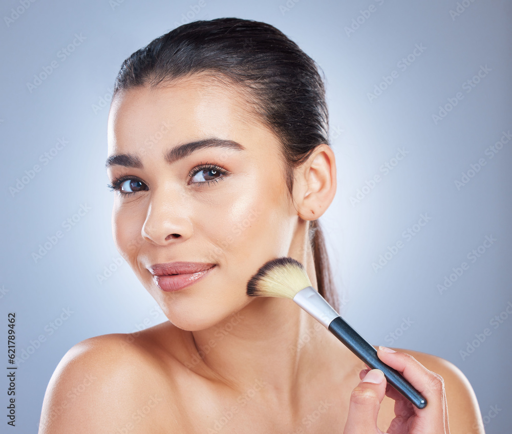 Makeup, brush and asian woman portrait in studio with cheek tool, cosmetics or application on grey b