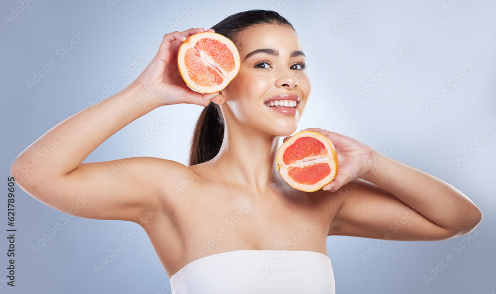 Skincare, portrait and woman with grapefruit in a studio for a natural, organic or health face routi