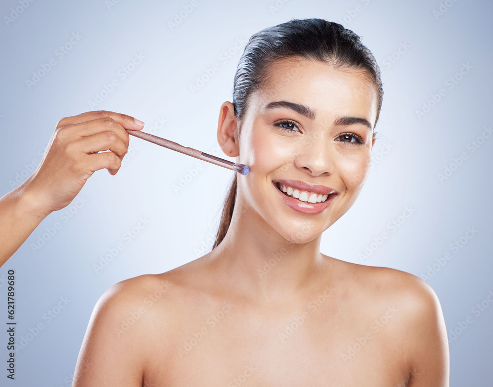 Beauty, portrait and woman with a makeup brush in studio for a luxury glamour facial routine. Self c