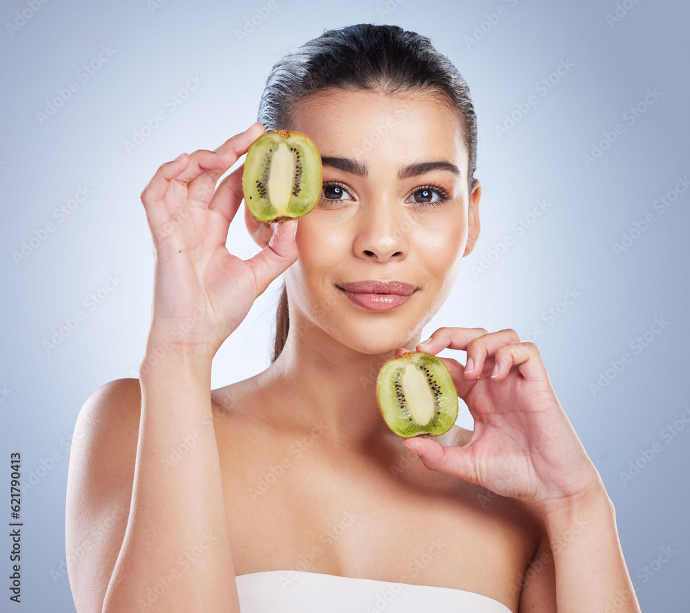 Beauty, portrait and woman with kiwi in studio for a natural, organic or health face routine. Skinca