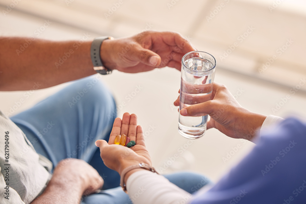 Hands with pills, old man and nurse with water for supplements, support and help at nursing home. Me